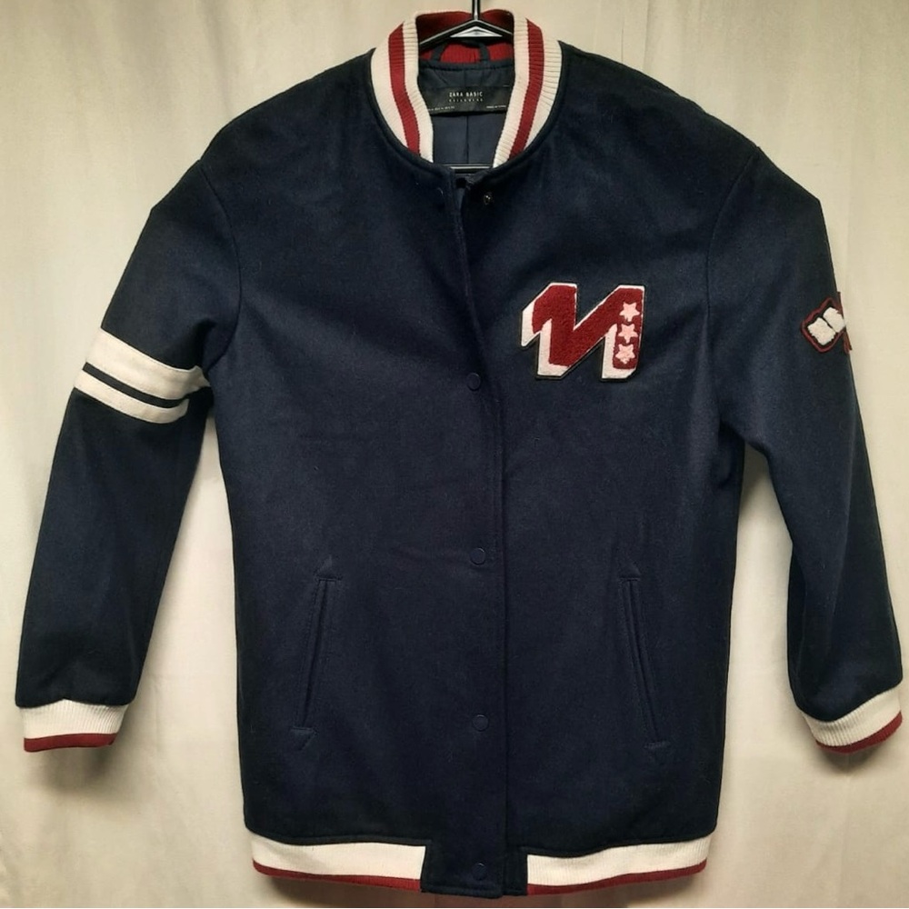 Zara Navy Blue Varsity Jacket with Red and White Accents